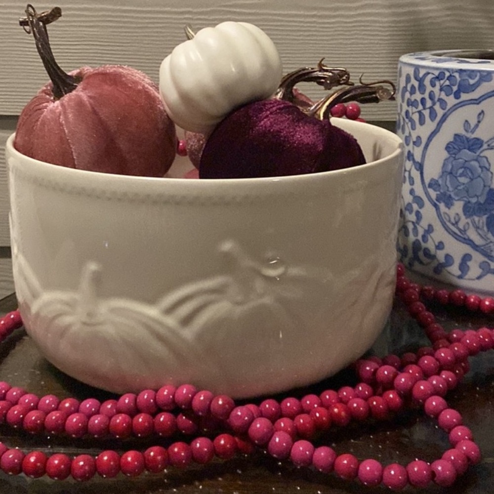 Large Ceramic Pumpkin Beige Decorative Bowl (pink pumpkins not included)